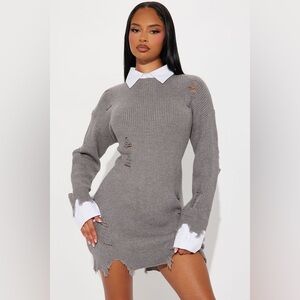 Gray Distressed Sweater Dress with White Collar